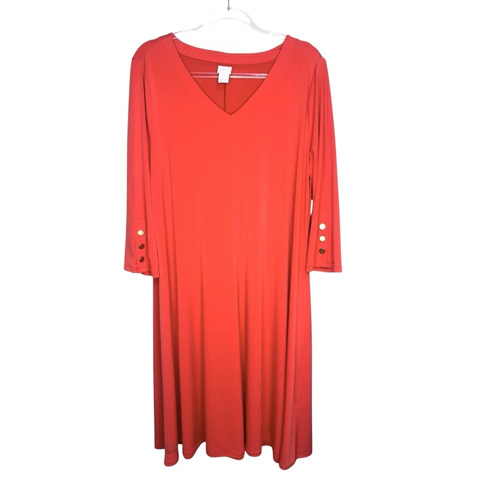 Chicos Travelers Dress Size 3 US XL Easy Chic Button Sleeve Shift Dress Red